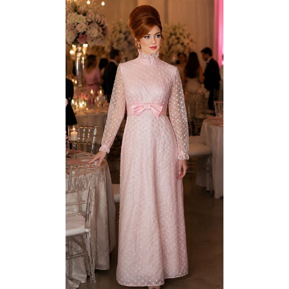 60s Vintage Handmade Pink Maxi Prom Dress Sheer Swiss Dot MOD Small